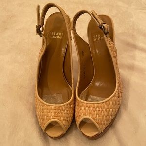 Stuart Weitzman raffia peep toe sling back heels